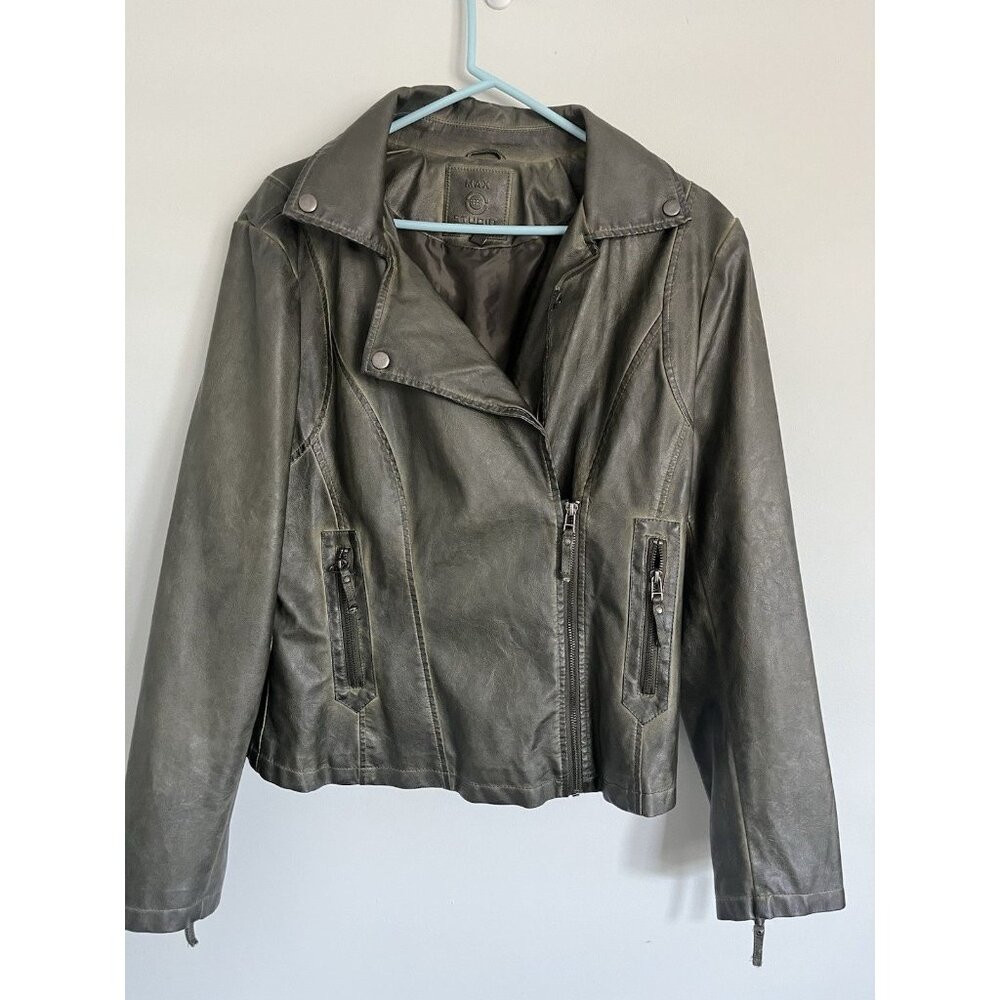 Max Studio Gray Faux Leather Moto Coat Zip Jacket Size XL